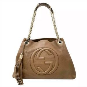 Authentic Gucci Shoulder Bag Soho Pebbled Calfskin Maple Brown Leather Tote